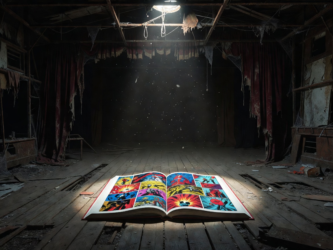 An abandoned theatre stage with a graphic novel illuminated at its centre