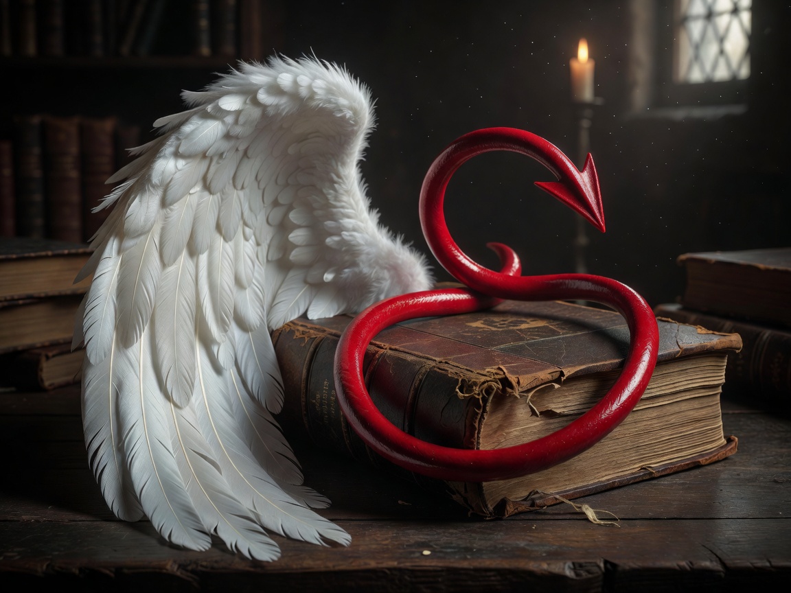 A white wing and red tail curling around an old book