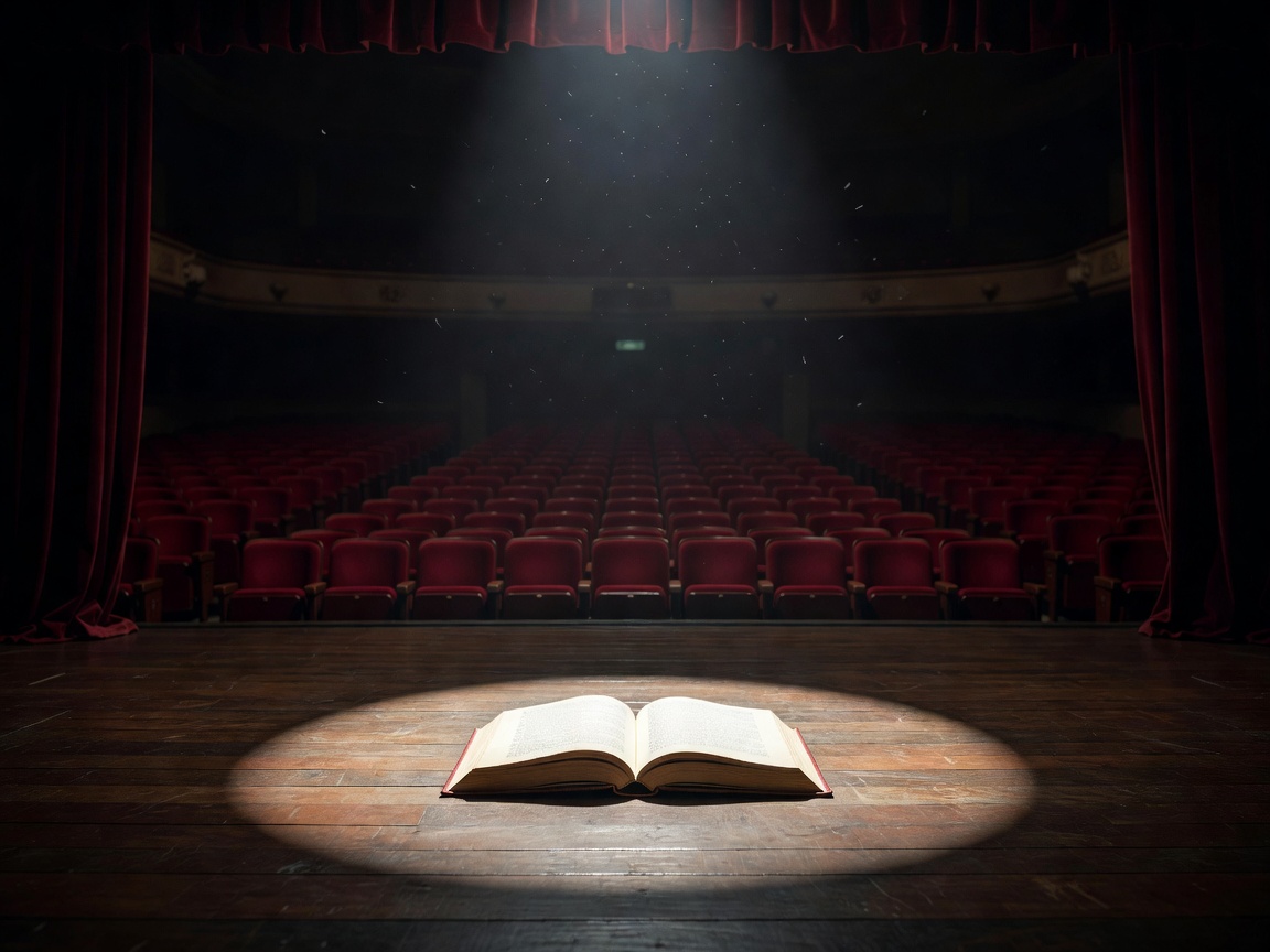 An open novel resting on the stage of an empty theatre