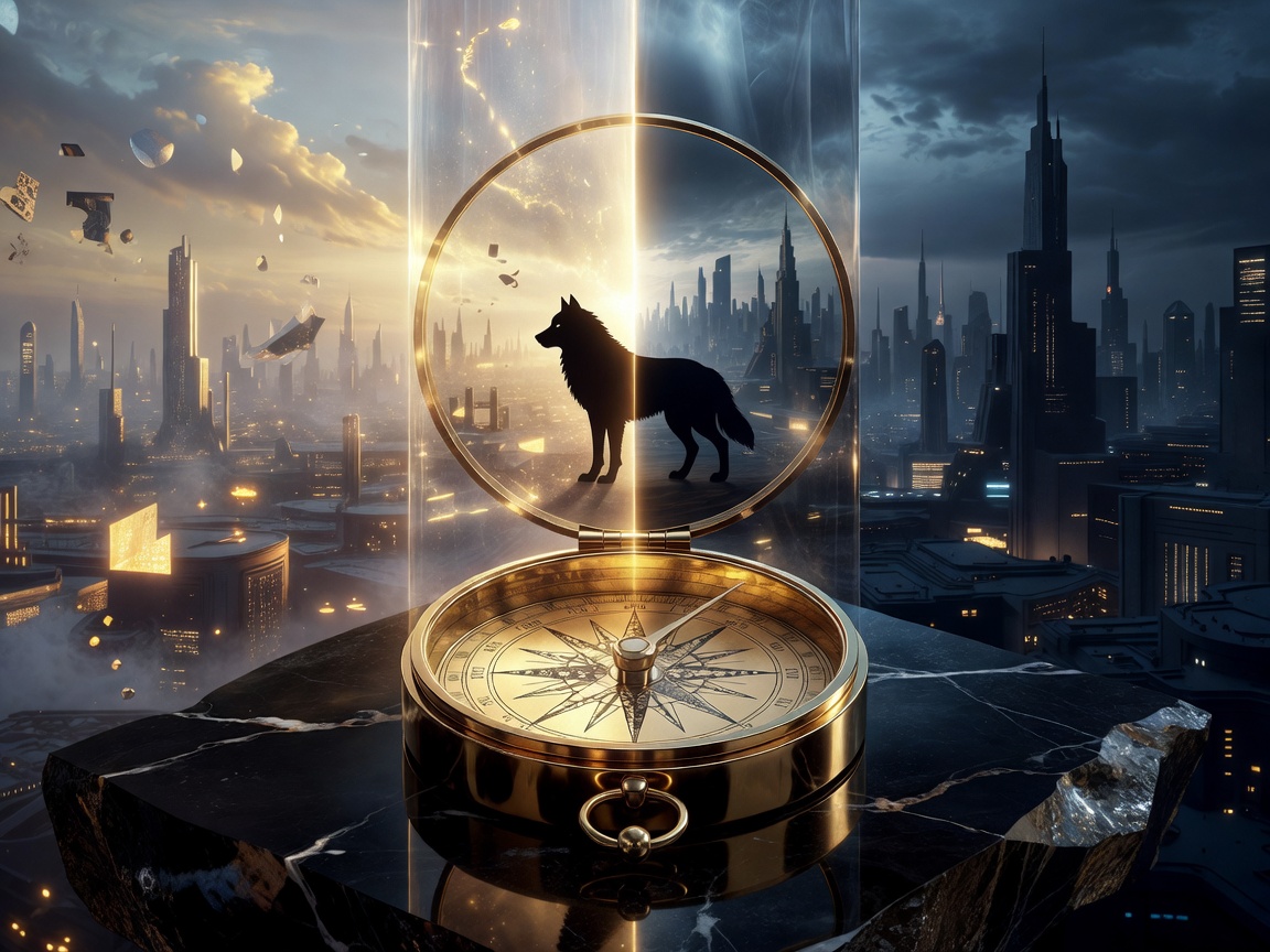 A golden compass, animal silhouette and distant city divided between parallel worlds