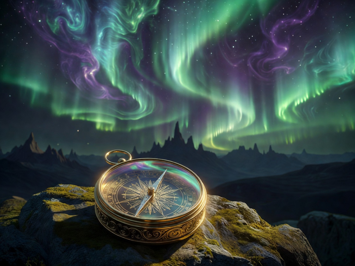 A golden compass beneath an aurora-filled fantasy sky