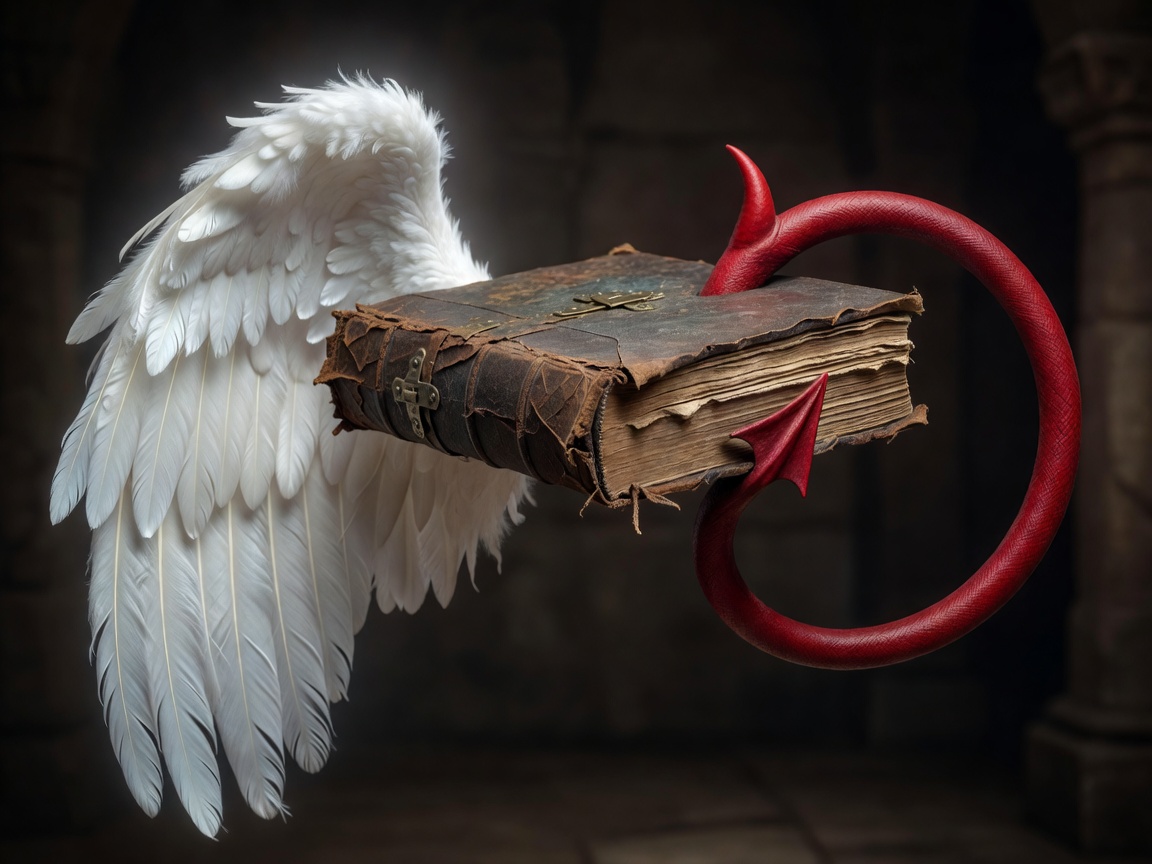 An old book balanced between a white angel wing and a curled red devil tail