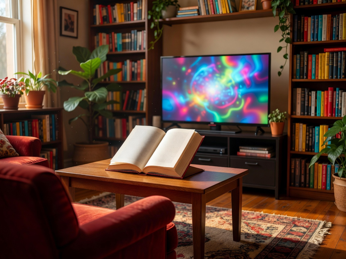 An open book facing a television screen in a colourful reading room