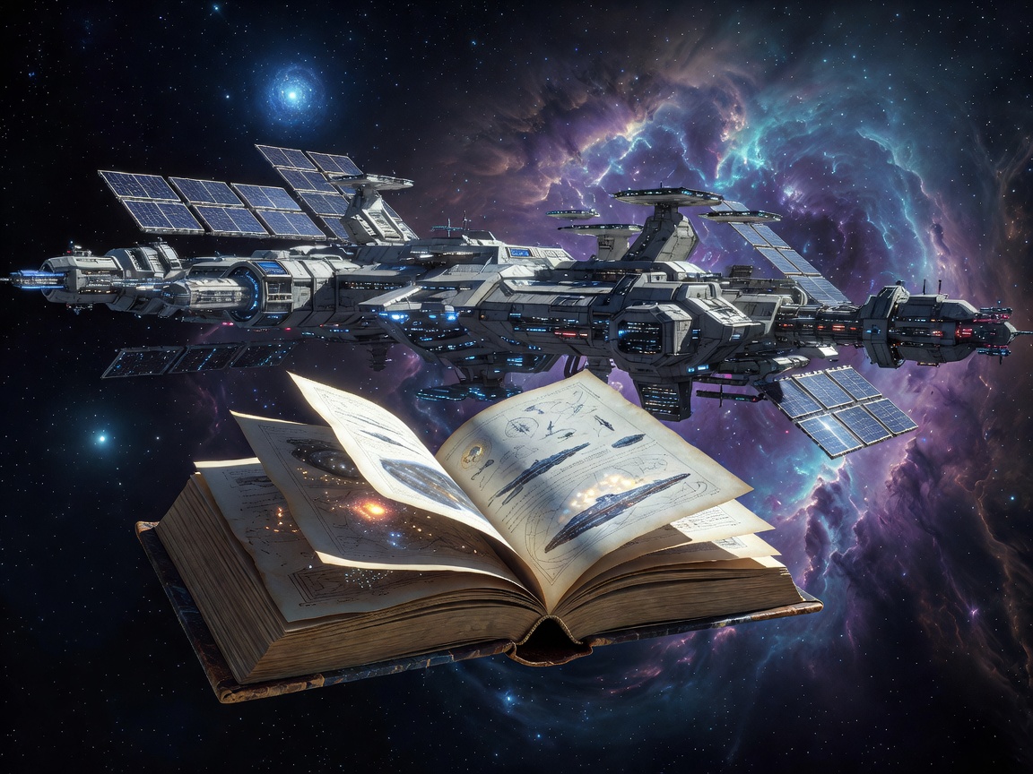 A science-fiction book beside a distant space station