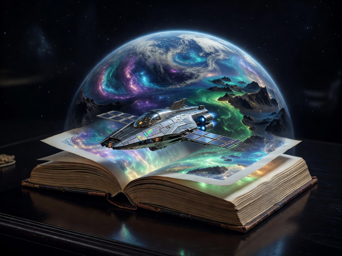 A spacecraft orbiting a distant planet above an open science-fiction novel