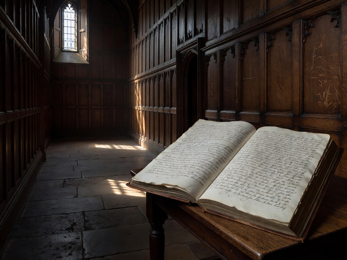 A shadowed Tudor court corridor beside a handwritten manuscript