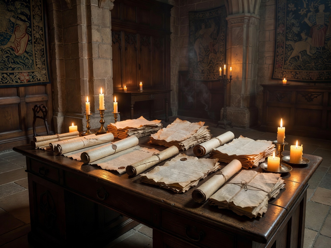 Tudor documents arranged on a desk in a candlelit hall